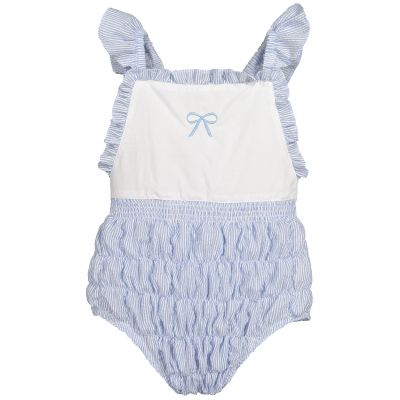  Blue Seersucker Cotton Frilled Swimsuit