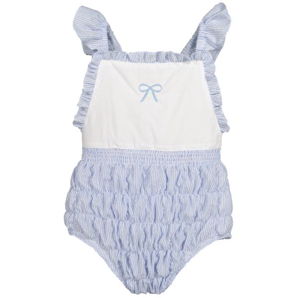  Blue Seersucker Cotton Frilled Swimsuit