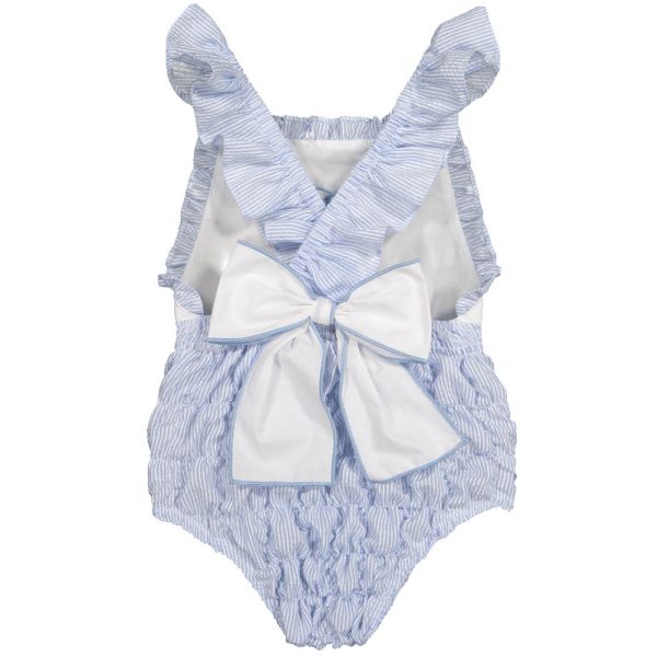  Blue Seersucker Cotton Frilled Swimsuit