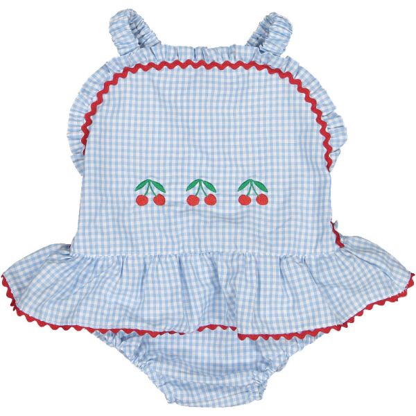 Gingham Mix Blue Cotton Frilled Swimsuit