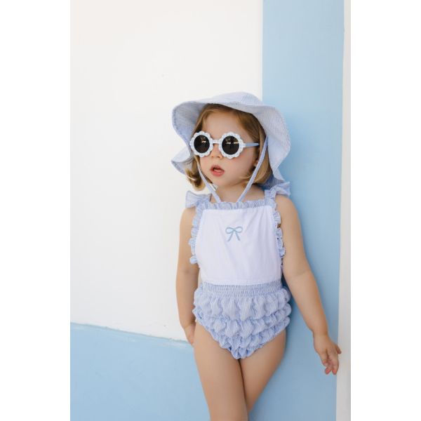  Blue Seersucker Cotton Frilled Swimsuit