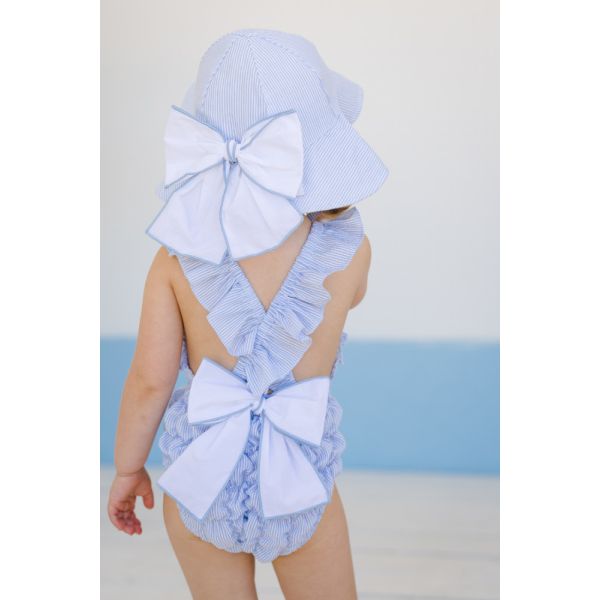  Blue Seersucker Cotton Frilled Swimsuit