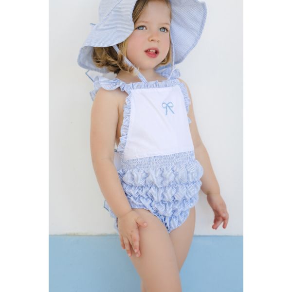  Blue Seersucker Cotton Frilled Swimsuit