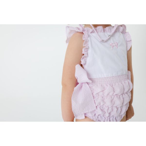 Pink Seersucker Cotton Frilled Swimsuit